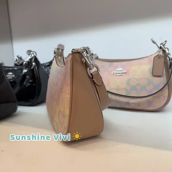 NWT Coach Teri Shoulder Bag In Rainbow Signature Canvas CDA91 Sand Multi